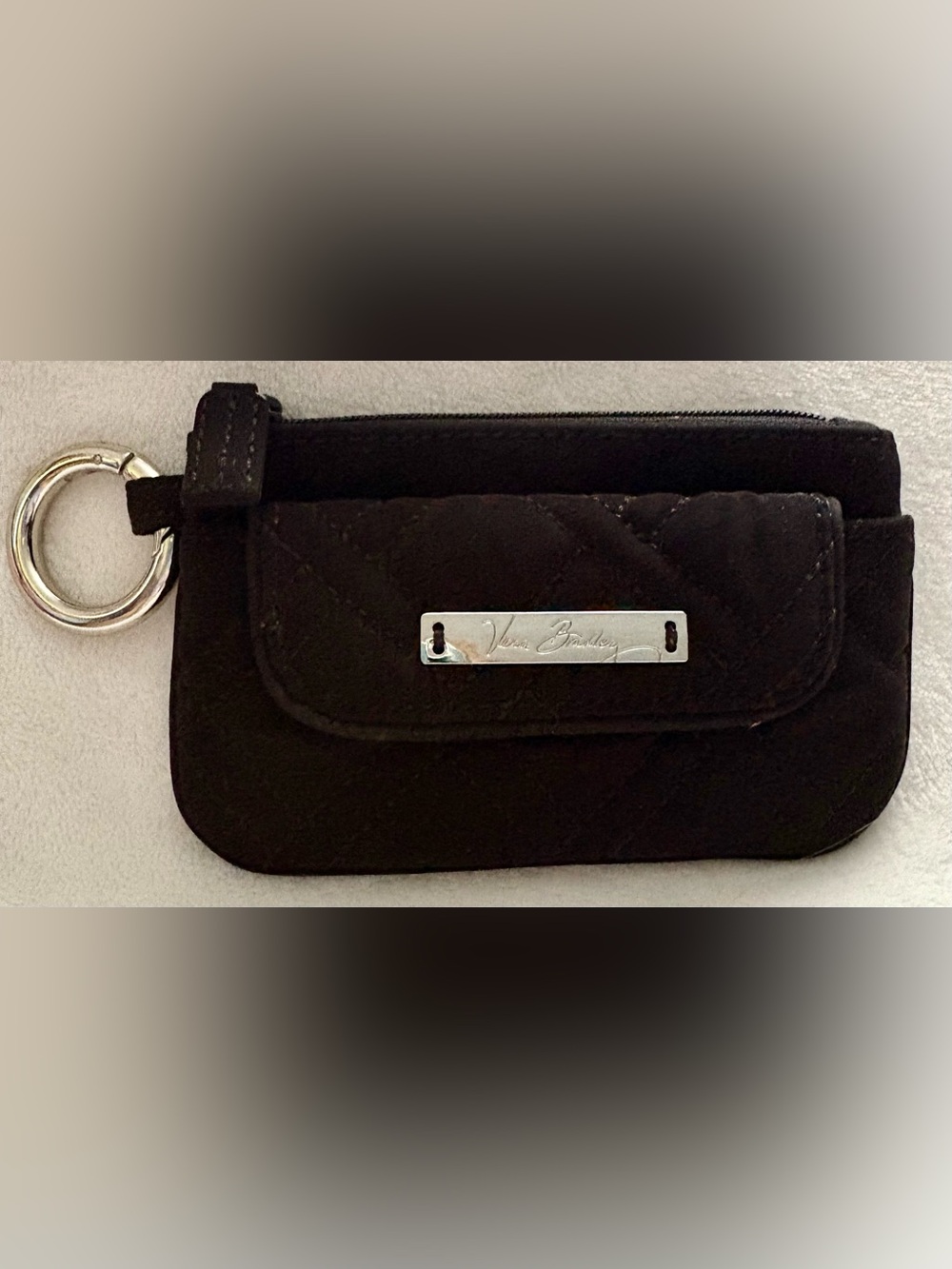 Vera Bradley Black Quilted Card Wallet with Silver Logo Plate